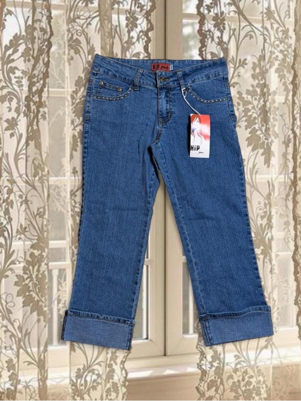Vintage Y2K Deadstock Rhinestone Denim Low-rise Capri Fold-over Pants BNWT